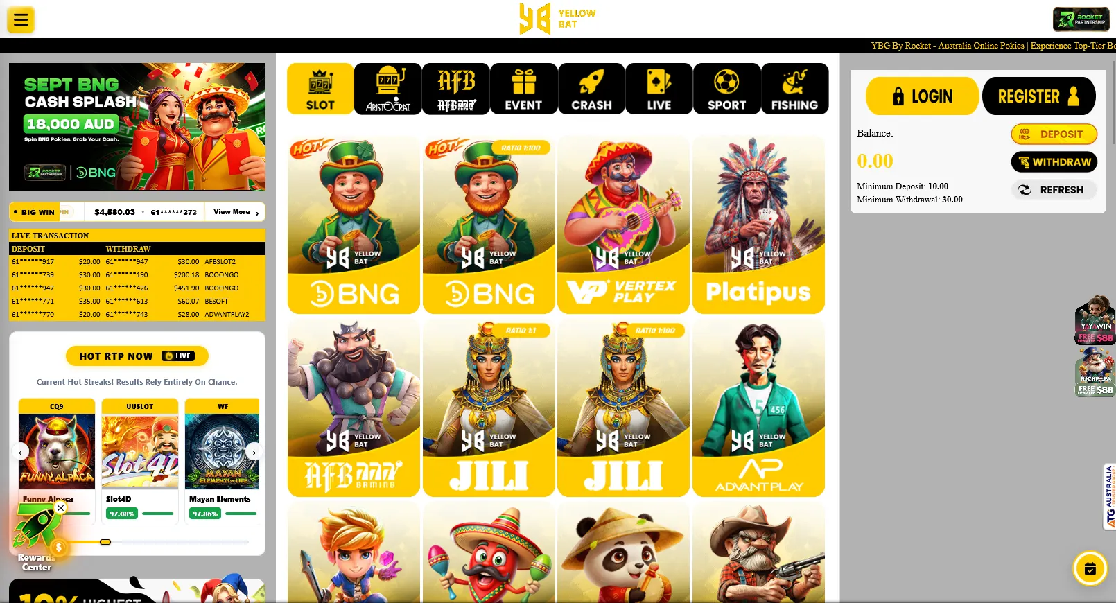 Yellowbat Casino desktop interface